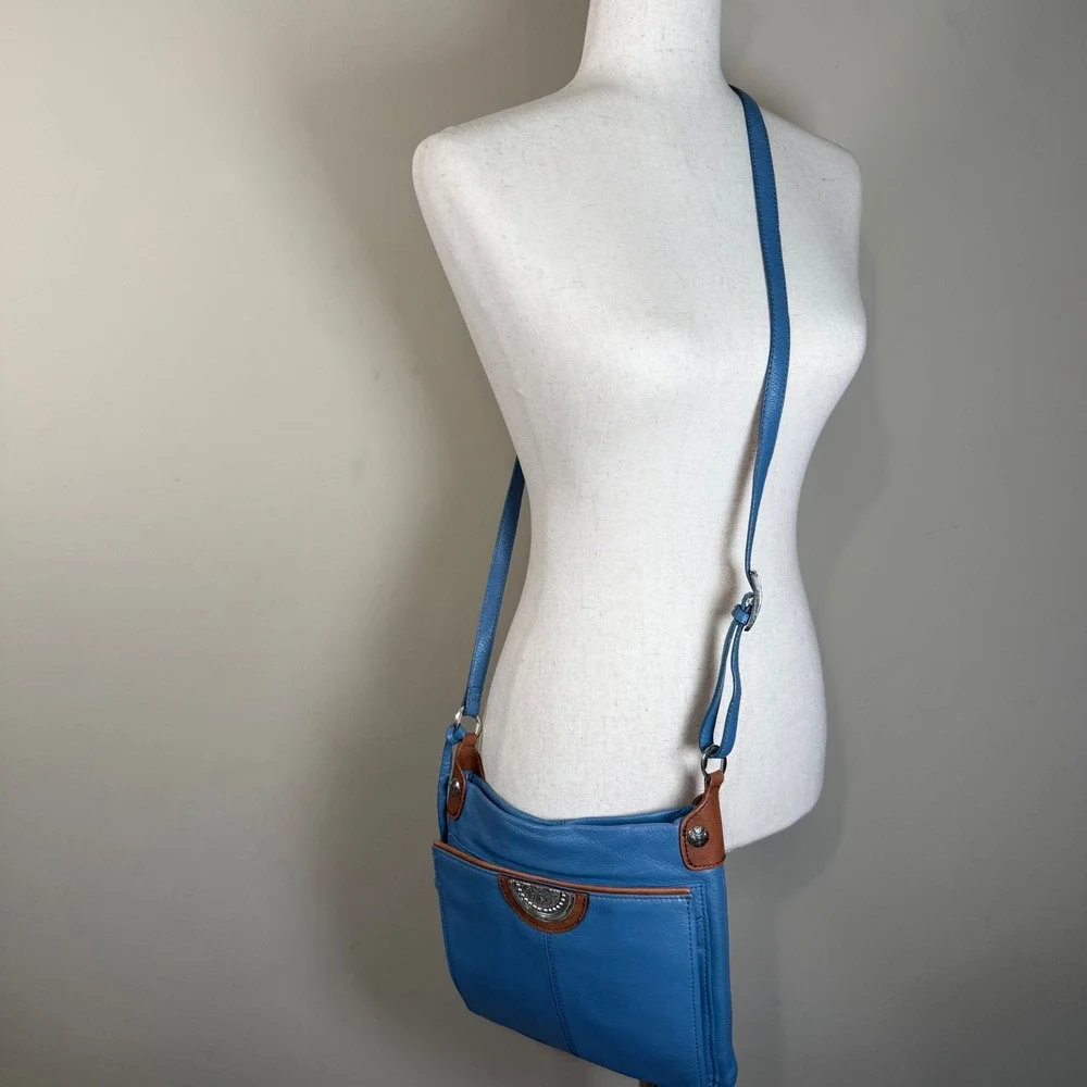 Brighton Shiloh Africanz Blue Pebbled Leather Crossbody Organizer Bag